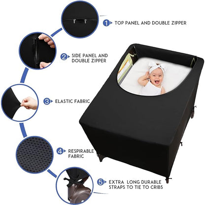 Dofilachy Blackout Cover for Pack N Play - Crib Blackout Cover Tent - Canopy Cover - Breathable Travel Crib Tent - Portable Stretchy Blackout Tent(Pocket)