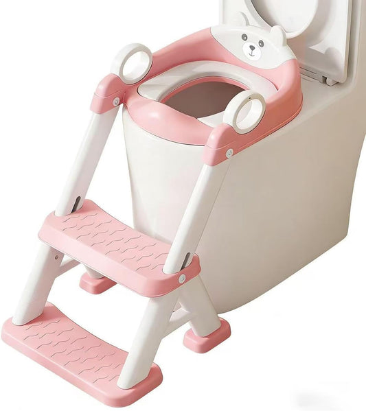 Kids Potty Training Toilet Seat with Step Stool Ladder, Bear Design, Adjustable Height, Non-Slip Steps, Soft PVC Cushion Seat with Handles (A-Pink)
