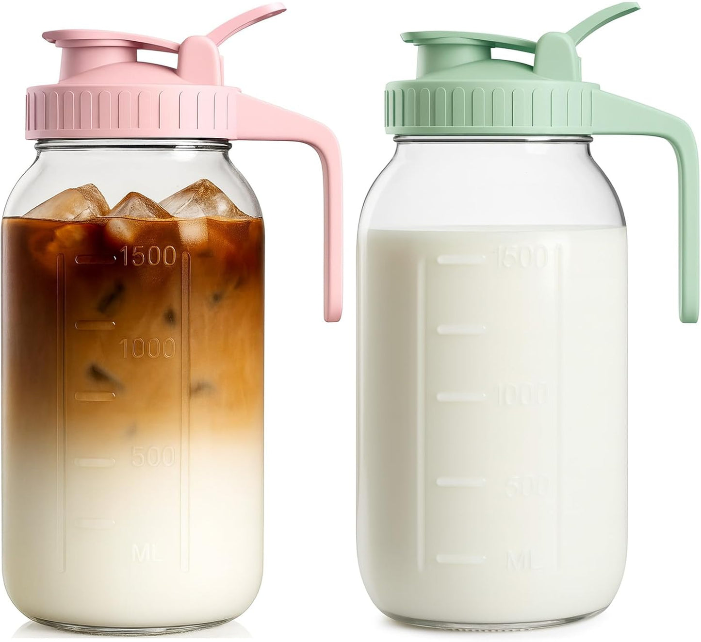 64oz Glass Breast Milk Pitcher with Lid & Pour Spout, 2 Quart Airtight Leakproof BreastMilk Fridge Storage Container - Wide Mouth, Dishwasher Safe Formula Pitcher with Handle