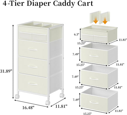 4-Tier Baby Diaper Caddy Organizer Cart with 3 Storage Drawers, Rolling Cart with Dividers & Side Pockets for Nursery, Baby Essentials, Toys, Wipes & Creams, Portable Kids Storage Cart & Station