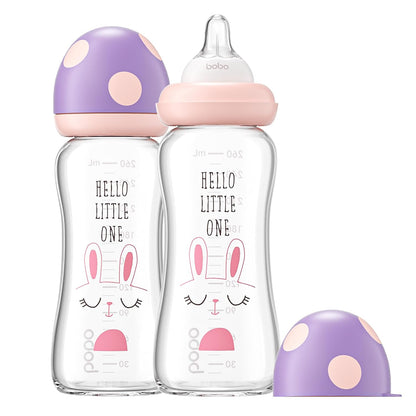 YOHKOH Natural Glass Baby Bottle with Level 1 Slow Flow Nipple, Newborn Anti-Colic Baby Bottles, Wide Neck Mushroom Baby Glass Bottle (Multicolour-A, 3.4oz (Pack of 4))