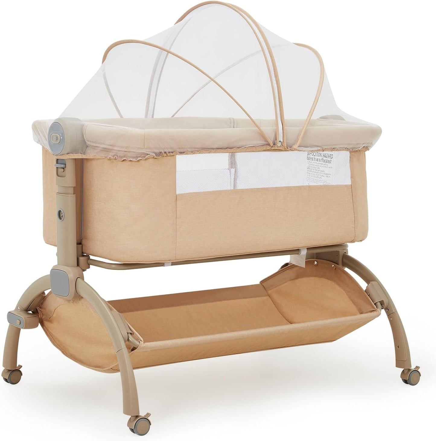 GarveeTech Bedside Bassinet Baby Bassinet for Baby, 3 in 1 Bedside Sleeper with Baby Co-Sleeper Travel Crib with Detachable Mosquito Net & Storage Basket | Adjustable Height, Wheels Included (Khaki)