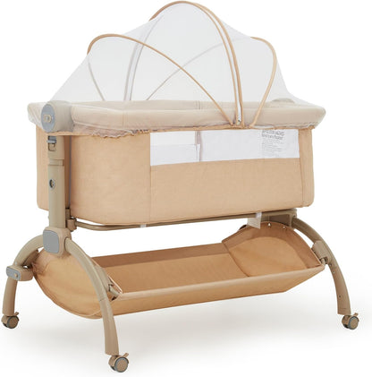 GarveeTech Bedside Bassinet Baby Bassinet for Baby, 3 in 1 Bedside Sleeper with Baby Co-Sleeper Travel Crib with Detachable Mosquito Net & Storage Basket | Adjustable Height, Wheels Included (Khaki)