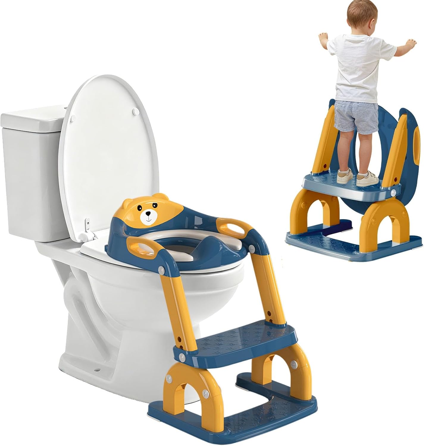 2-in-1 Potty Training Seat Toddler Potty Training Seat with Step Stool Foldable Ladder Adjustable Toddler Toilet Chair for Boys&Girls Splash Guard (Blue Yellow)
