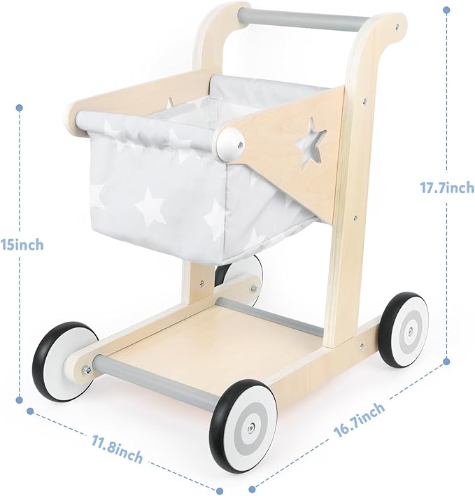 Asweets 2 in 1 Wooden Baby Walker Push and Pull Doll Stroller, Shopping Cart Learning Walker for Boys and Girls, Sit Stand Learning Toddler Toy (Grey)