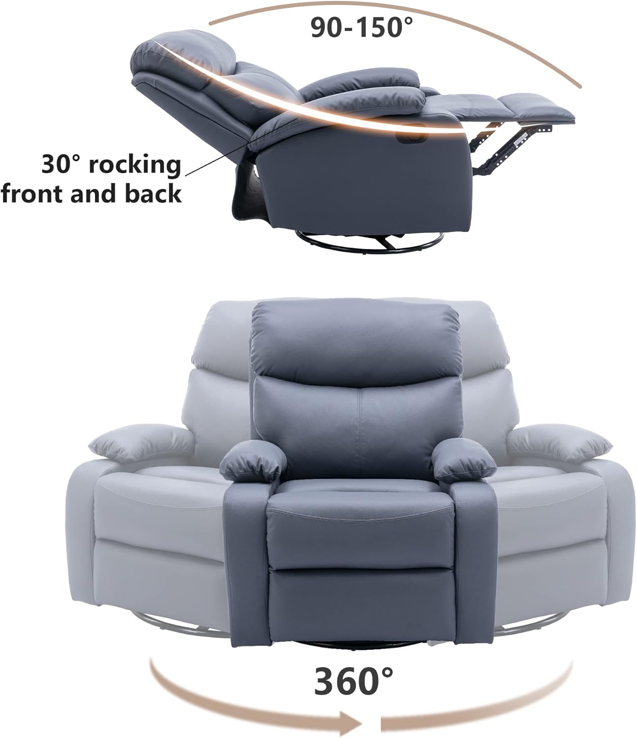 Oversized Swivel Rocking Chair, Manual Large Rocker Recliner Chairs for Adults, Corduroy Nursery Glider Barrel Chair with 2 Pillows, Wide Recliner for Living Room, Bedroom, Nursery, White