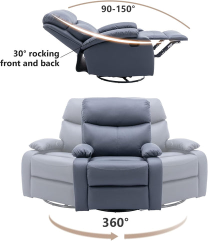 Oversized Swivel Rocking Chair, Manual Large Rocker Recliner Chairs for Adults, Corduroy Nursery Glider Barrel Chair with 2 Pillows, Wide Recliner for Living Room, Bedroom, Nursery, White