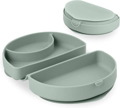 Miniware Baby Travel Plate with Suction - Foldable Silicone Baby Travel Essential to Promote Self-Feeding - Dishwasher Safe, BPA Free, Food Grade Silicone Baby Plate For On The Go - Sage Silifold