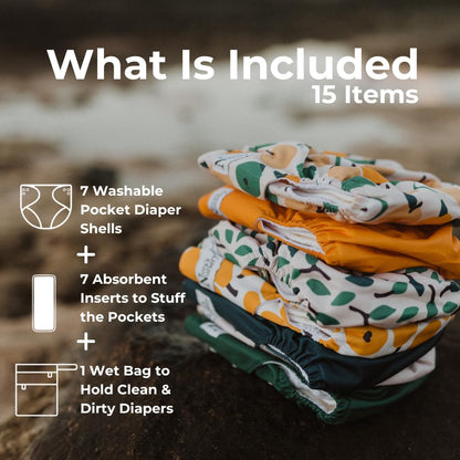 Nora's Nursery Cloth Diapers 7 Pack with 7 Inserts & 1 Wet Bag - Waterproof Cover, Washable, Reusable & One Size Adjustable Pocket Diapers for Newborns and Toddlers - Cali Coastal