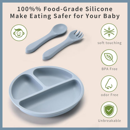 Baby Silicone Feeding Set, Baby Weaning Set, Baby Essentials, Includes Baby Spoons, Baby Bibs, Suction Plates for Baby， Baby Bowls, Food Grade Silicone, BPA Free (A-1)