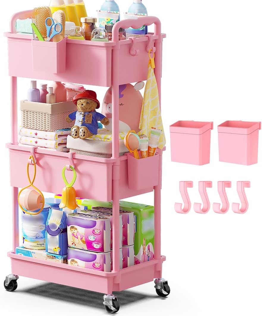 Goovilla Diaper Cart with Lockable Wheels and Easy Assembly, 3 Tier Black Rolling Cart for Baby Nursery Storage, Sturdy Ample Diaper Caddy Organizer for Baby Girl, Boy, New Mom, Newborn Essentials