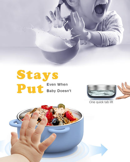Bakpoco Toddler Bowls with suction & Utensils Set, 2-in-1 Stainless Steel 304 Kids Feeding Bowl & Silicone Suction Baby Bowl with Spoons and Forks, First Self-feeding Training Set, Organic Bloom