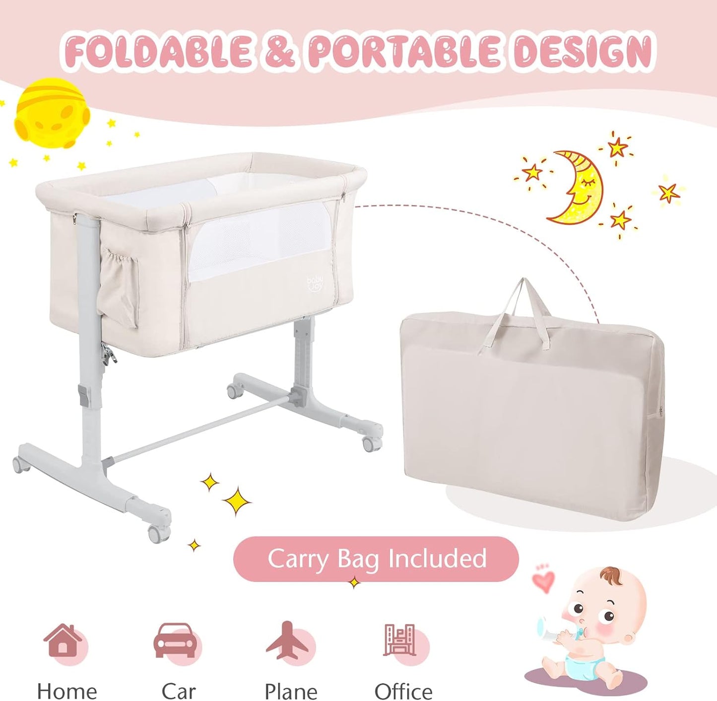 BABY JOY Bassinet Bedside Sleeper, 3 in 1 Folding Crib w/Adjustable Height, Mattress, Lockable Wheels, Storage Pocket & Carry Bag for Infant Newborn, Stationary & Rock, Portable Baby Bassinet (Grey)