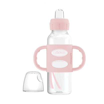 Dr. Brown's Milestones Narrow Sippy Spout Bottle with 100% Silicone, Easy-Grip Handles and Soft Sippy Spout, 8oz/250mL, Light Pink and Ecru, 2-Pack, 6m+