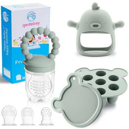 3-in-1 Baby Food & Fruit Feeder Set – Breastmilk Popsicle Mold with Freezer Tray, Teething Relief Toy, BPA Free Infant Silicone Feeding Combo, 3 Bonus Sizes (S/M/L) Sacs (Olive Green)