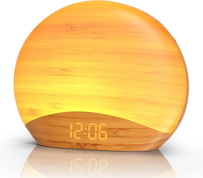 REACHER Wood Grain Sunrise Alarm Clock and Sound Machine Nightlight, Digital Dimmable Clock for Bedroom, 26 Sleep Sounds, White Noise Machine for Baby, Adults, Wake Up Light Alarm Clock for Kids