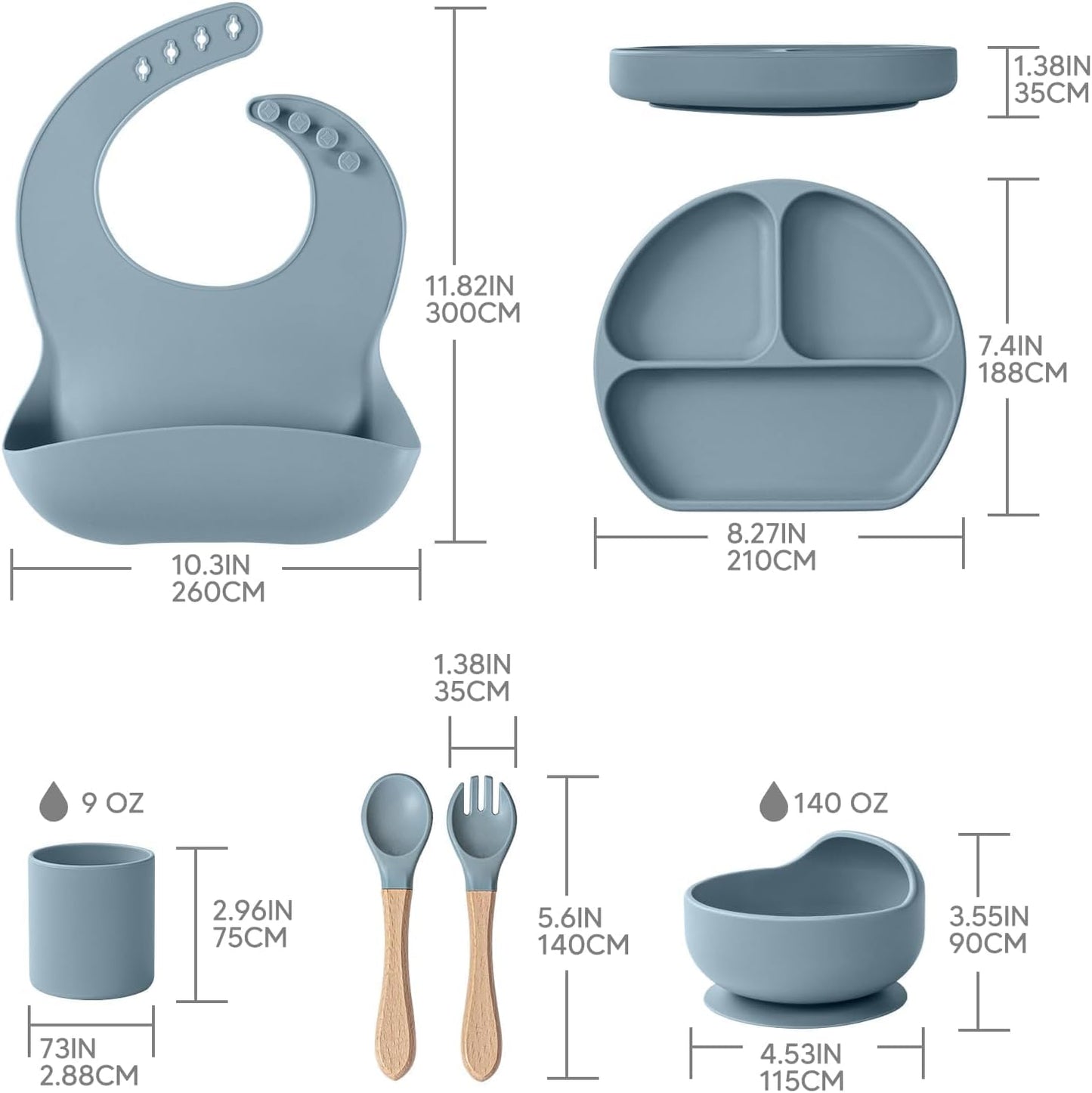 Baby Suction Plates and Bowls Set - 100% Food Grade Silicone Toddler Feeding Supplies for BLW | Stay-Put Divided Dish | Includes Bonus Bib, Cup & Soft Spoon/Fork (6-Piece)