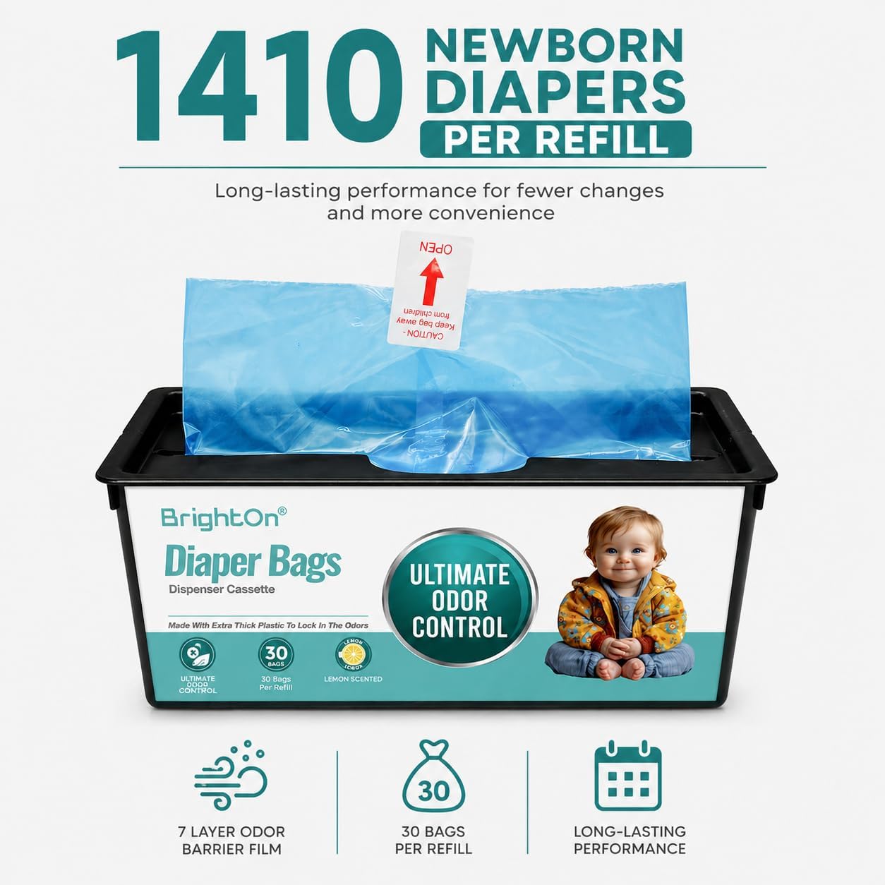 BrightOn® Diaper Pail Refill Bags, 30 Bags Per Refill, Compatible with Genie Easy Roll Signature Diaper Pails, Holds Up to 2820 Newborn Diapers, Real 7 Layer Odor Barrier, Unscented, 2PACK (60 Bags)