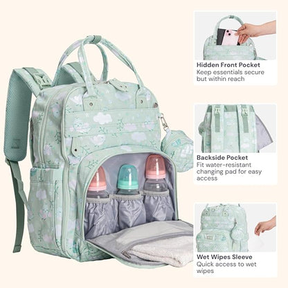 BabbleRoo Diaper Bag Backpack - Baby Essentials Travel Tote - Multi Function Water Resistant Diaper Bag, Travel Essentials Baby Bag with Changing Pad, Stroller Straps & Pacifier Case - Green Birdy | Baby Essentials, Travel Essentials, Baby Bag, with Ch...