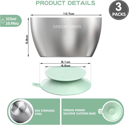 Greentainer Stainless Steel Baby Bowl Set of 3, Double Wall Insulated, Unbreakable Toddler Bowls with Removable Silicone Suction Base, Non-Slip, Dishwasher Safe, BPA-Free for Infants 6+ Months (Green)