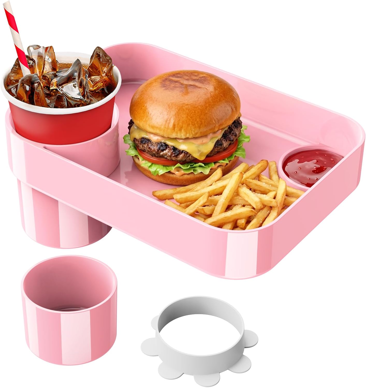 Car Seat Cup Holder Snack Tray for Kids, Reduces Mess, Detachable Large Base & Adjustable Ring, Carseat Tray for Toddler, Car Seat Food Tray Table for Kid Travel Road Trip Essentials -Light Gray