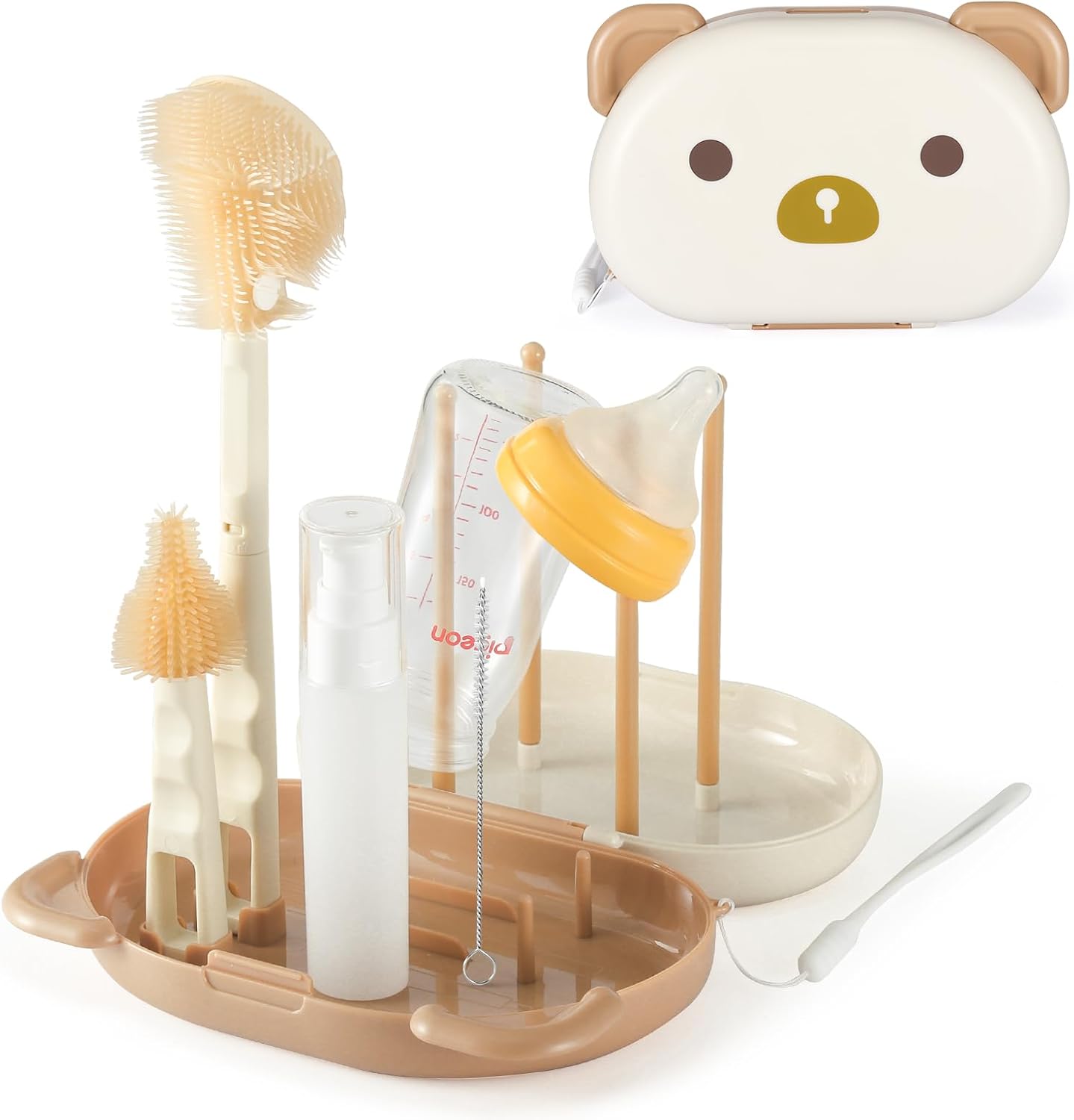 VOOWO Baby Bottle Brush & Drying Rack, Portable Travel Kit - Silicone Bottle & Nipple Brush Set, Straw Cleaner (Purple)