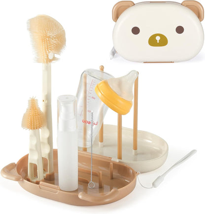 VOOWO Baby Bottle Brush & Drying Rack, Portable Travel Kit - Silicone Bottle & Nipple Brush Set, Straw Cleaner (Purple)