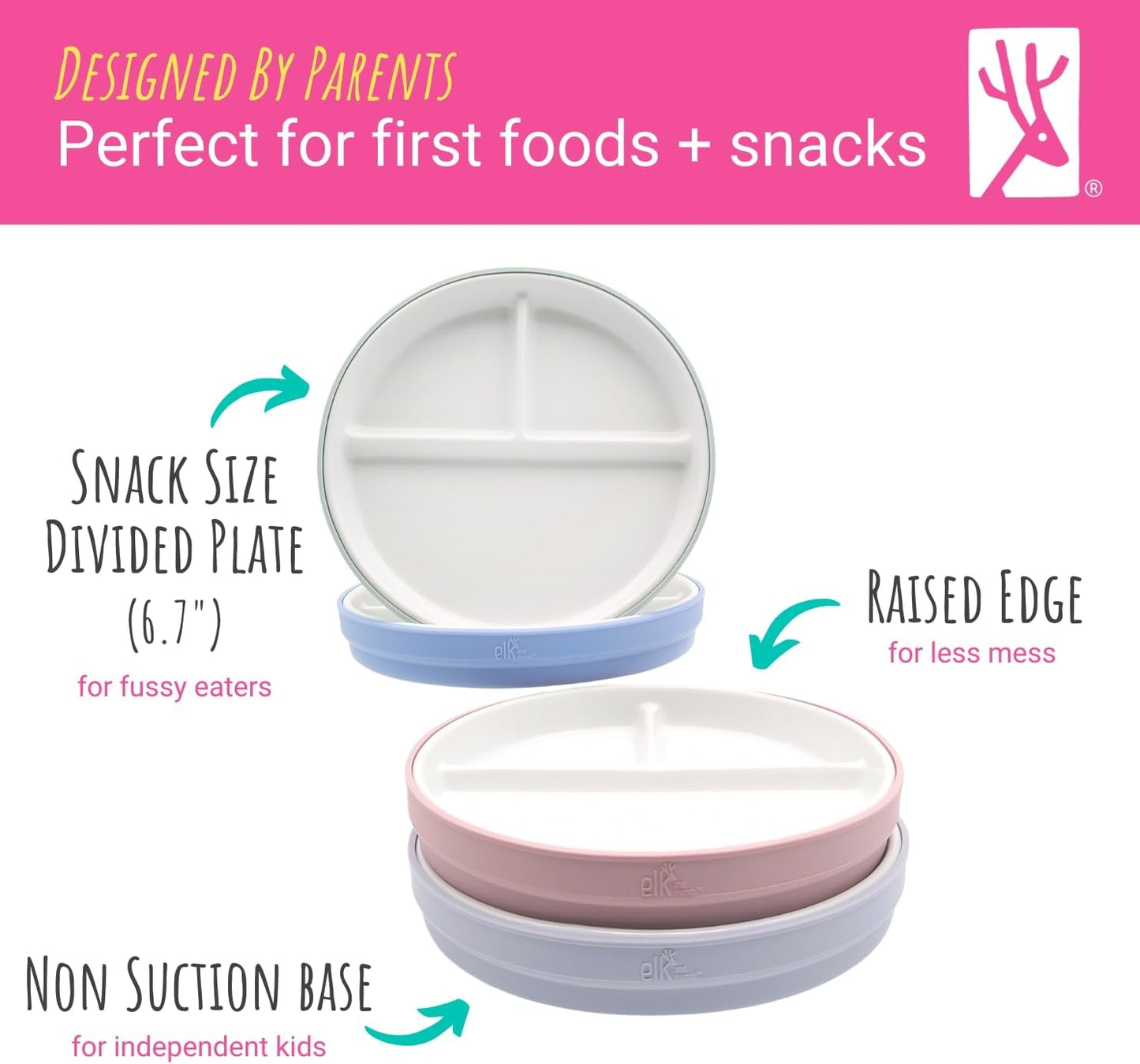Elk and Friends Kids 7.8” Porcelain Divided Plates with Silicone Sleeves | Suitable for Babies/Kids/Toddlers | Microwave & Dishwasher Safe | Non Slip | Snack Dishes