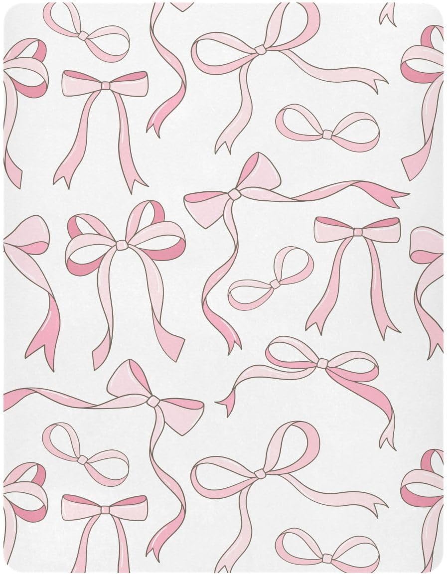 Fitted Crib Sheets Pink Checkered and Bows Stretchy Portable Playard Sheets for Baby Toddler, Breathable Soft Mini Crib Mattress 39 x 27 in for Boys and Girls