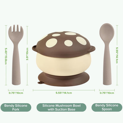 haakaa Silicone Mushroom Bowl & Bendy Cutlery Set – Baby Bowls with Suction & Spillproof Lid, Baby Spoons & Forks for Self Feeding, BPA-Free - Toast