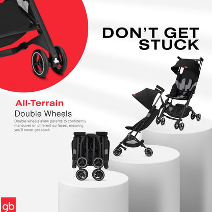gb Pockit+ All-Terrain, Ultra Compact Lightweight Travel Stroller with Canopy and Reclining Seat in Velvet Black