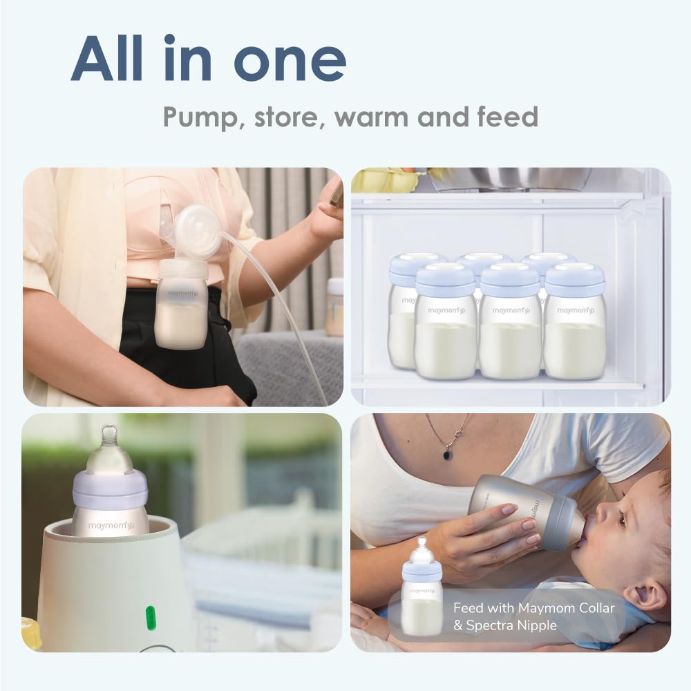 Maymom Wide-Mouth Milk Storage Feeding Collection Bottle with Nipple, Dome Cap, Bottle Top, SureSeal Sealing Disk; Compatible with Spectra Pump/Motif Luna; 5 pc (4.7Oz/140mL)