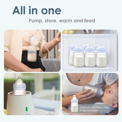 Maymom Wide-Mouth Milk Storage Feeding Collection Bottle with Nipple, Dome Cap, Bottle Top, SureSeal Sealing Disk; Compatible with Spectra Pump/Motif Luna; 5 pc (4.7Oz/140mL)