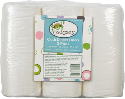 OsoCozy Flushable Diaper Liners 3 Pack - Makes Cloth Diapering Laundering Easier - Super Soft and Gentle on Baby’s Skin -100 Sheets per roll -3 Rolls.