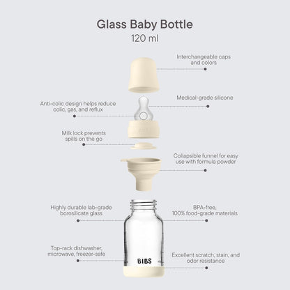 BIBS Baby Glass Bottle. 4 US fl oz / 120 ml. Anti-Colic. Vented Round Silicone Nipple. Supports Natural Breastfeeding, Slow Flow, Complete Set - Sage