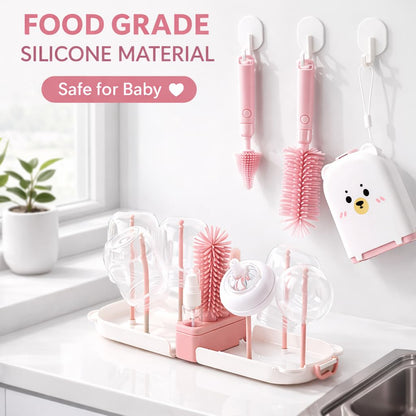Travel Bottle Cleaner kit, 7in1 Baby Travel Gear Essential Silicone Travel Bottle Brush Set Nipple Drying Rack, Straw Breast Pump Cleaning Soap Dispenser Organizer Case Mon Gift (Pink)