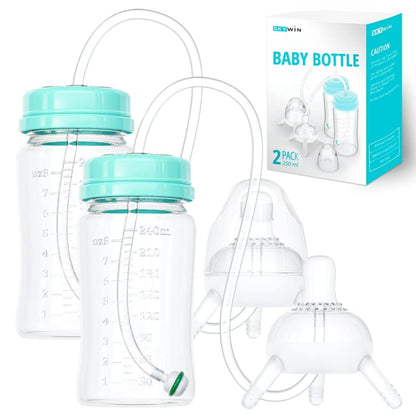 TidyFriend 2 Pk Baby Bottle Anti Colic with Straw 8oz – Built In Nipple Valve & Base Vent Hole for Gas Reduction, Upright Position Hand Free Bottle for 6m-2y Kids [Use Under Caregiver Assisted] (Pink)