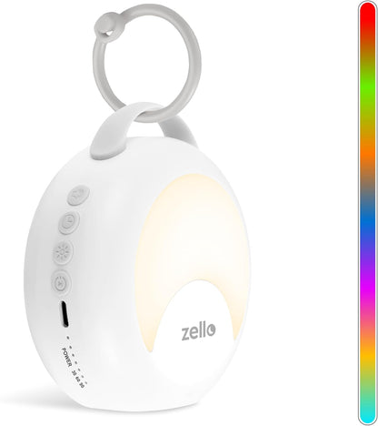 Zello | Portable White Noise Machine | 30 Soothing Sounds | 7 Colour Moon Nightlight | Sleep Timer | 20+ Hours Battery USB Recharge | Clips to Prams, Cots, Cribs | Baby Sleep Aid | Sleep Sound Machine