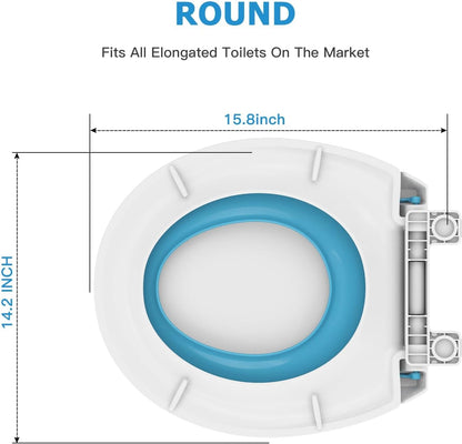 17" White Round Toilet Seat for Adult and Child, Built-In Potty Training Seat with Soft Quiet Close Non-Slip Design, Magnetic Kids Seat and Cover for Round/Oval Toilets, Easy to Install and Clean