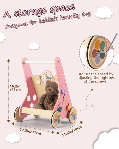 Wooden Baby Walker with Wheels, Baby Push Walkers for Girls 12 Months, Push Toys 1 Year Old Girl Small Size