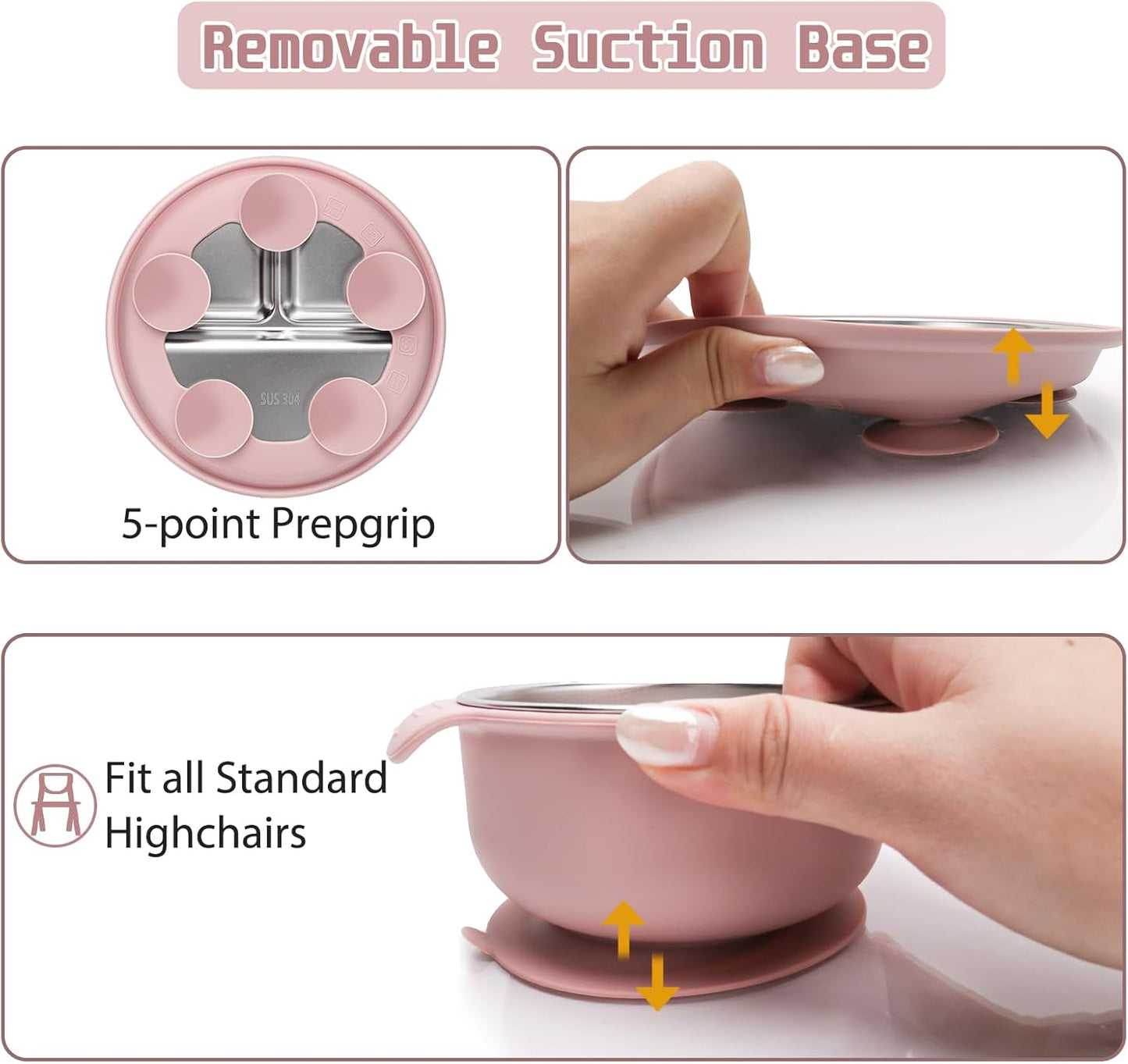 MISSLILI Stainless Steel Kids Plates and Bowls Set with Suction, Divided Baby Plate and Toddler Bowl with Removable Silicone Suction,Stainless Steel Weaning Bundle, Silicone Baby Feeding Set (Pink)
