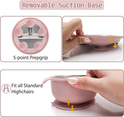 MISSLILI Stainless Steel Kids Plates and Bowls Set with Suction, Divided Baby Plate and Toddler Bowl with Removable Silicone Suction,Stainless Steel Weaning Bundle, Silicone Baby Feeding Set (Pink)