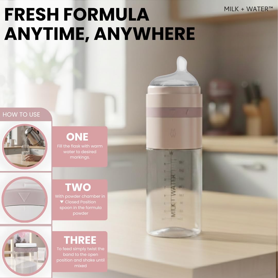 MILK & WATER Glass All in One Baby Bottle & Baby Formula Dispenser On The Go (Olive Green, 9oz Medium Flow 3m+)