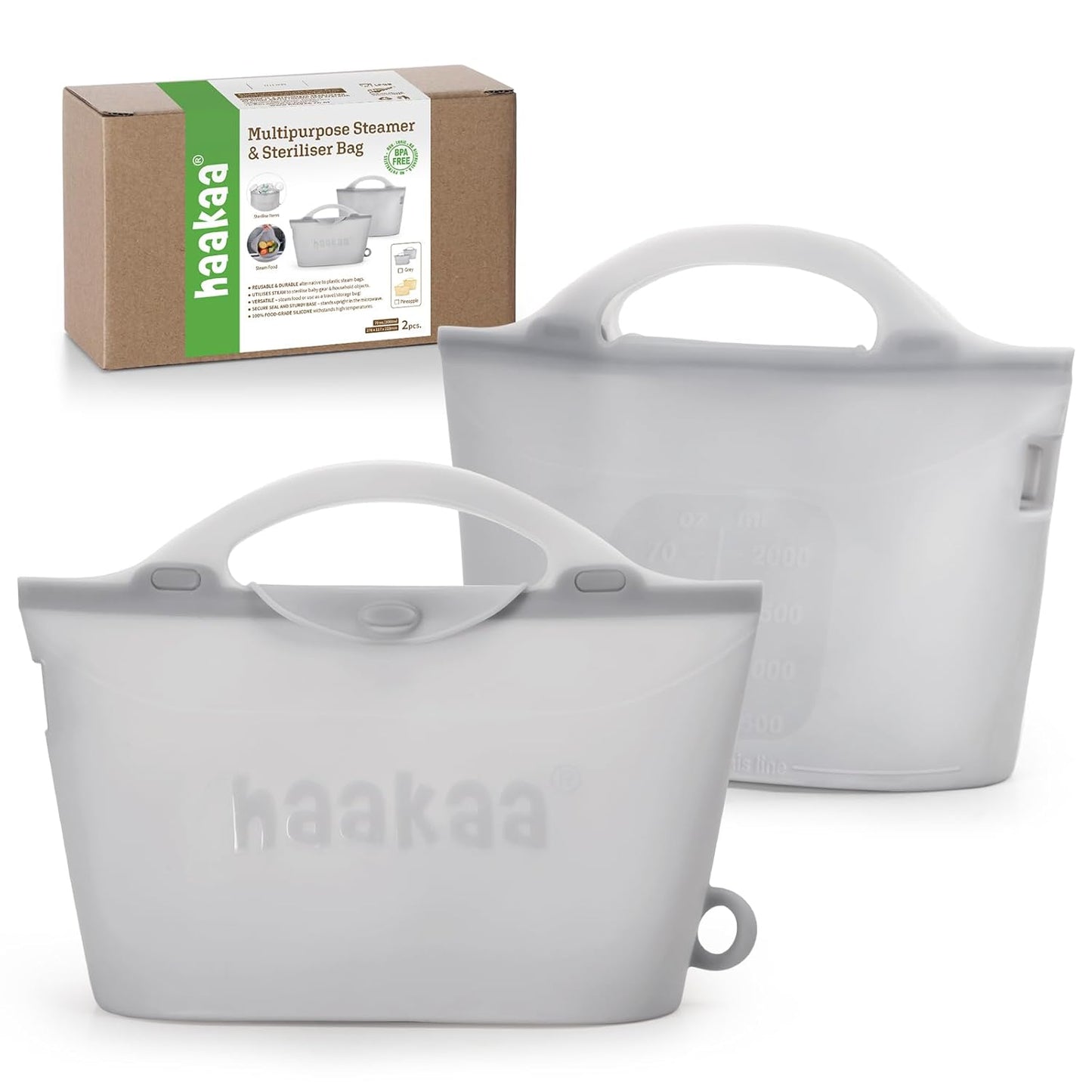 Haakaa On-The-Go Silicone Microwave Steam Sterilizer Bags for Travel, 40oz/1250ml Reusable Silicone Steaming Bags for Baby Bottles, Breast Pump, Accessories, Pacifiers, Teethers,Grey/1PC