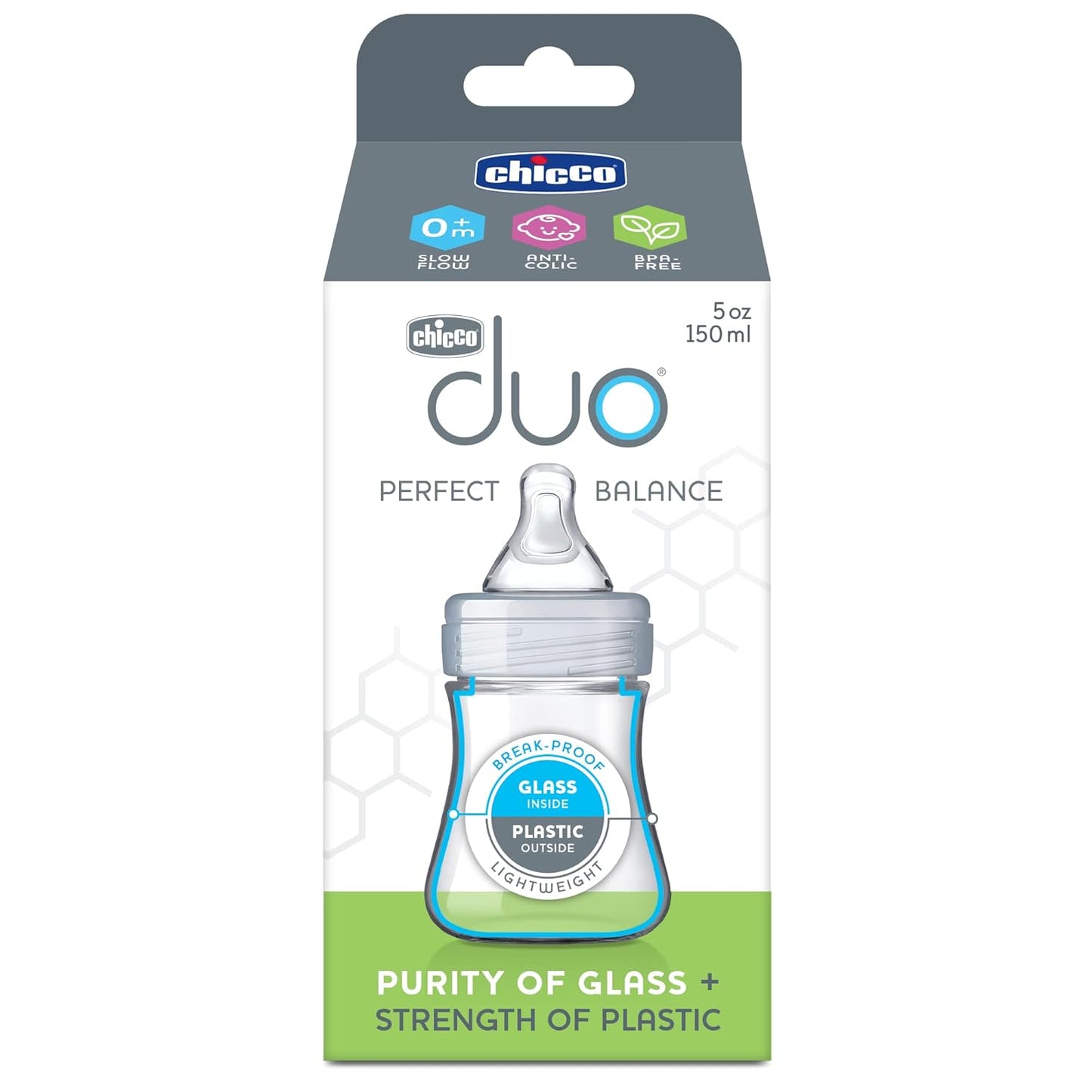 Chicco Duo 9oz Hybrid Baby Bottle, Real Glass Inside, Lightweight Plastic Outside, Patented Invinci-Glass Technology, Intui-Latch Nipple, 2-Pack, Clear/Pink