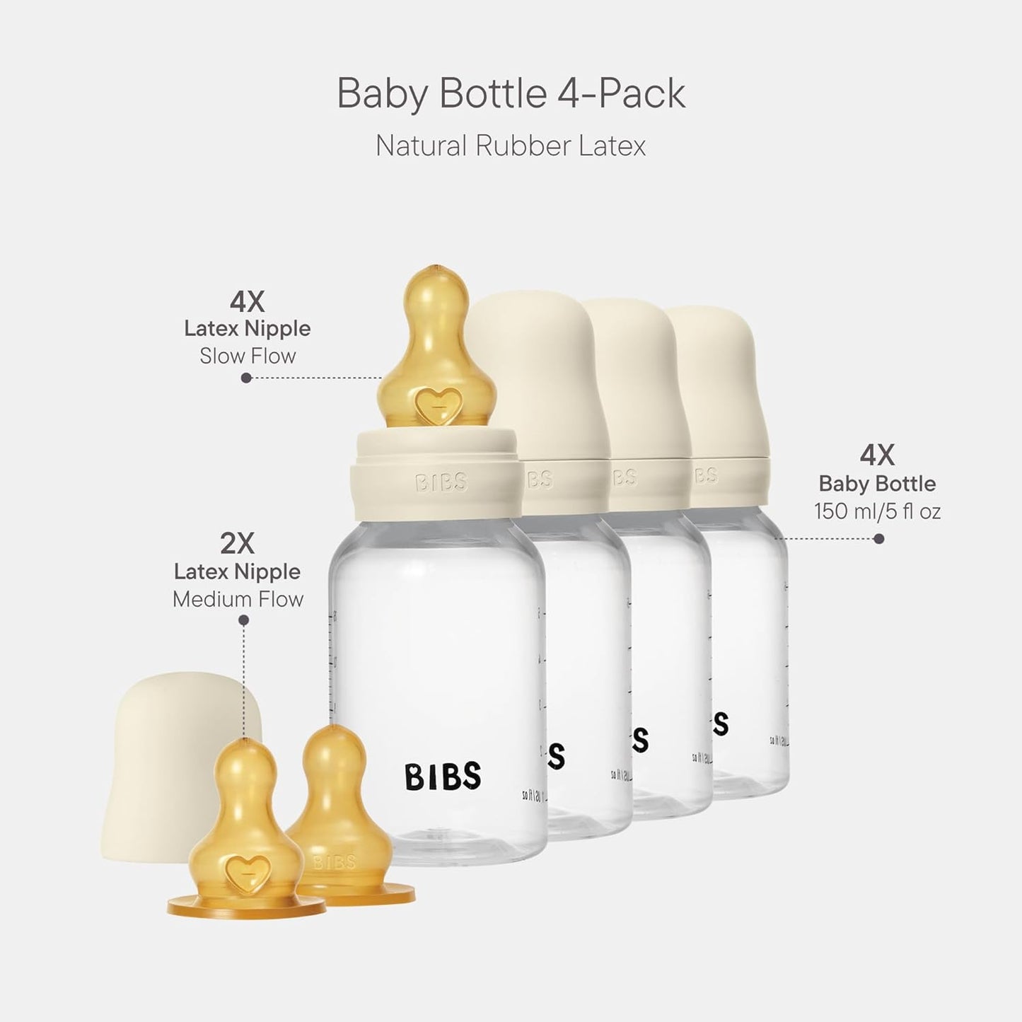 BIBS Baby Bottle 5 oz / 150 ml Silicone Nipple 2 Pack - Anti-Colic, BPA-Free, Round Nipple, Slow Flow, Lightweight & Easy to Clean, Suitable for Newborns 0+ Years - Ivory