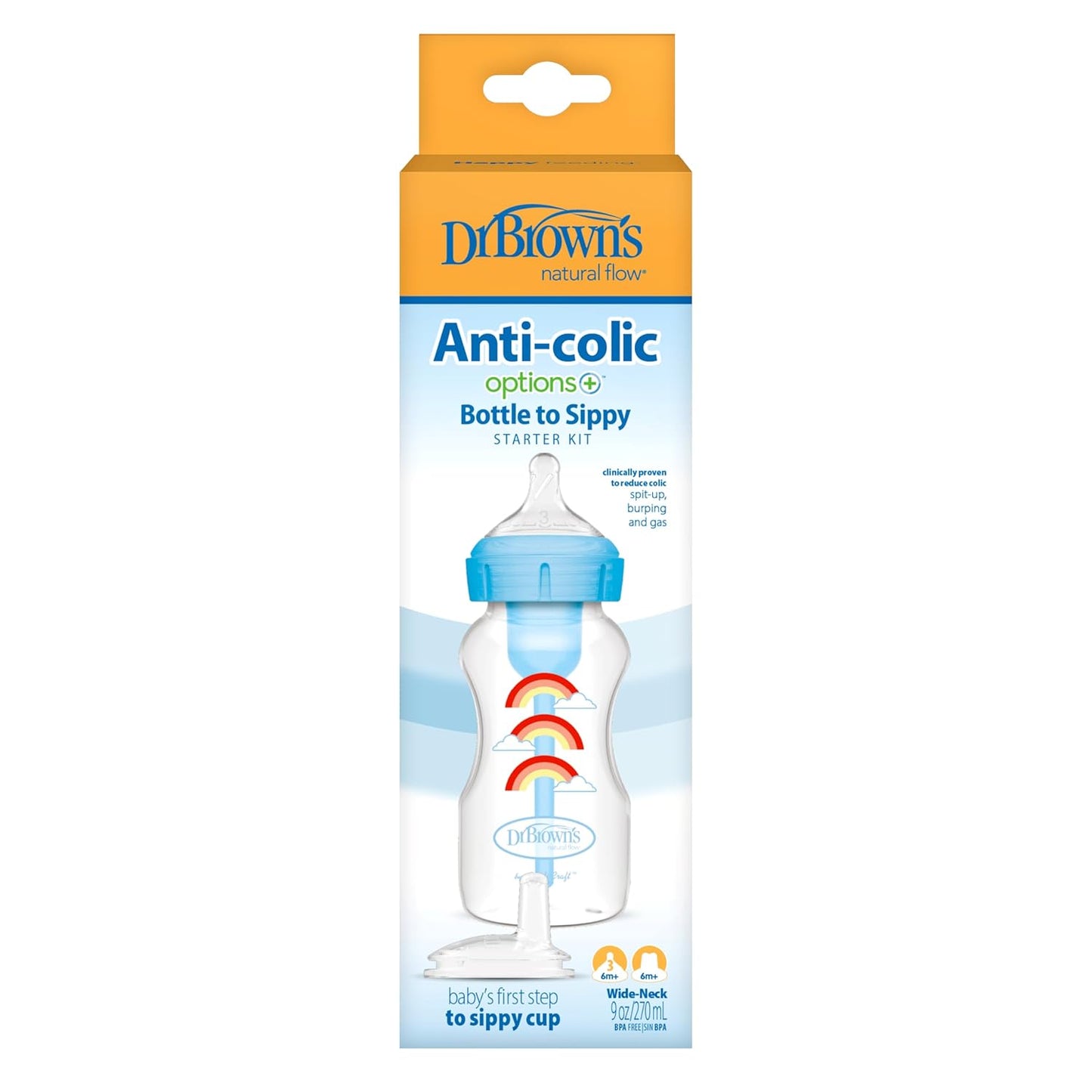 Dr. Brown's Anti-Colic Options+ Wide-Neck Sippy Bottle Starter Kit, 9oz/270mL, with Level 3 Medium-Fast Flow Nipple and Soft 100% Silicone Sippy Spout, Green, BPA-Free, 6m+, 2-Pack