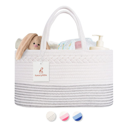 luxury little Diaper Caddy Organizer, Large Cotton Rope Nursery Baby Basket, Changing Table Organizer for Baby Diaper Storage, Portable Car Organizer Removable Divider (Off White, Large)