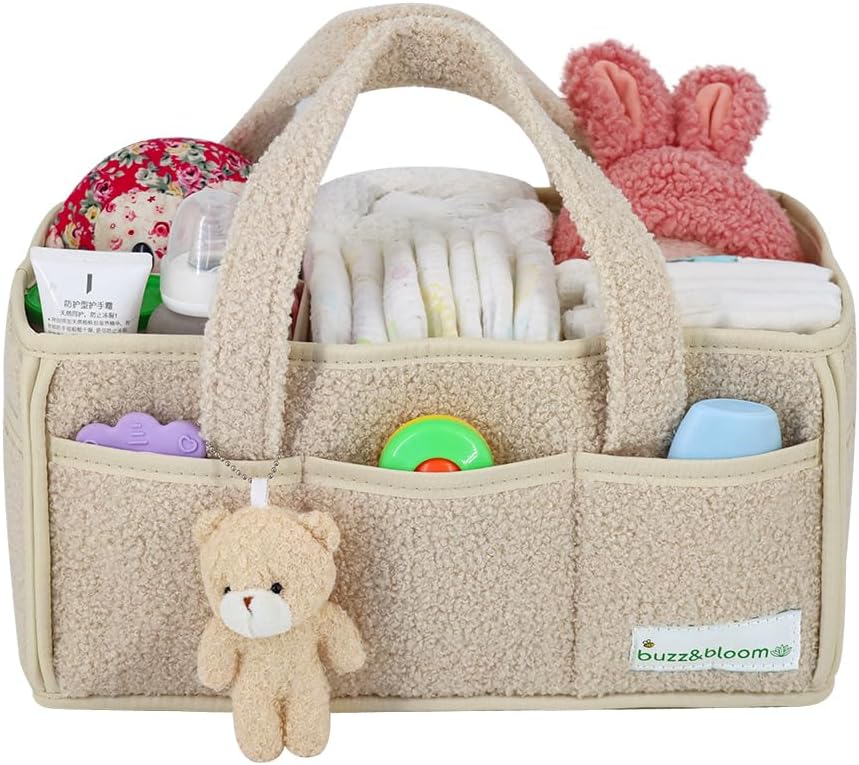 Buzz&Bloom Baby Teddy Diaper Caddy Organizer, Stylish Storage Basket for Newborn Essentials and Diaper Station, Gift for Baby Shower and Registry Must-Have (Beige)
