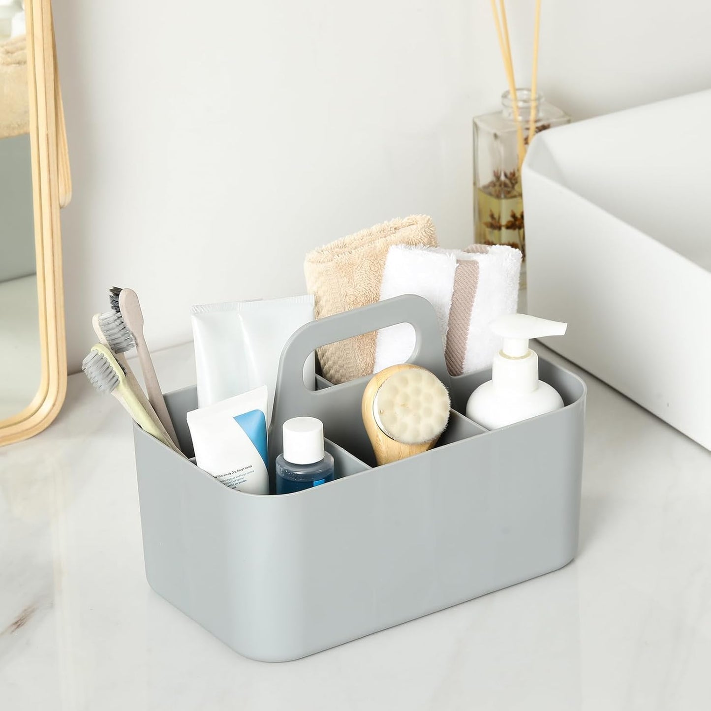 Multiuse Caddy Organizer with Handle, Portable Divided Plastic Tote Bin - Art Craft, Stationary Pen Marker Crayons, Makeup Hair Supplies Storage - Bathroom, Classroom, Dorm, Office, Desk Holder - Pink
